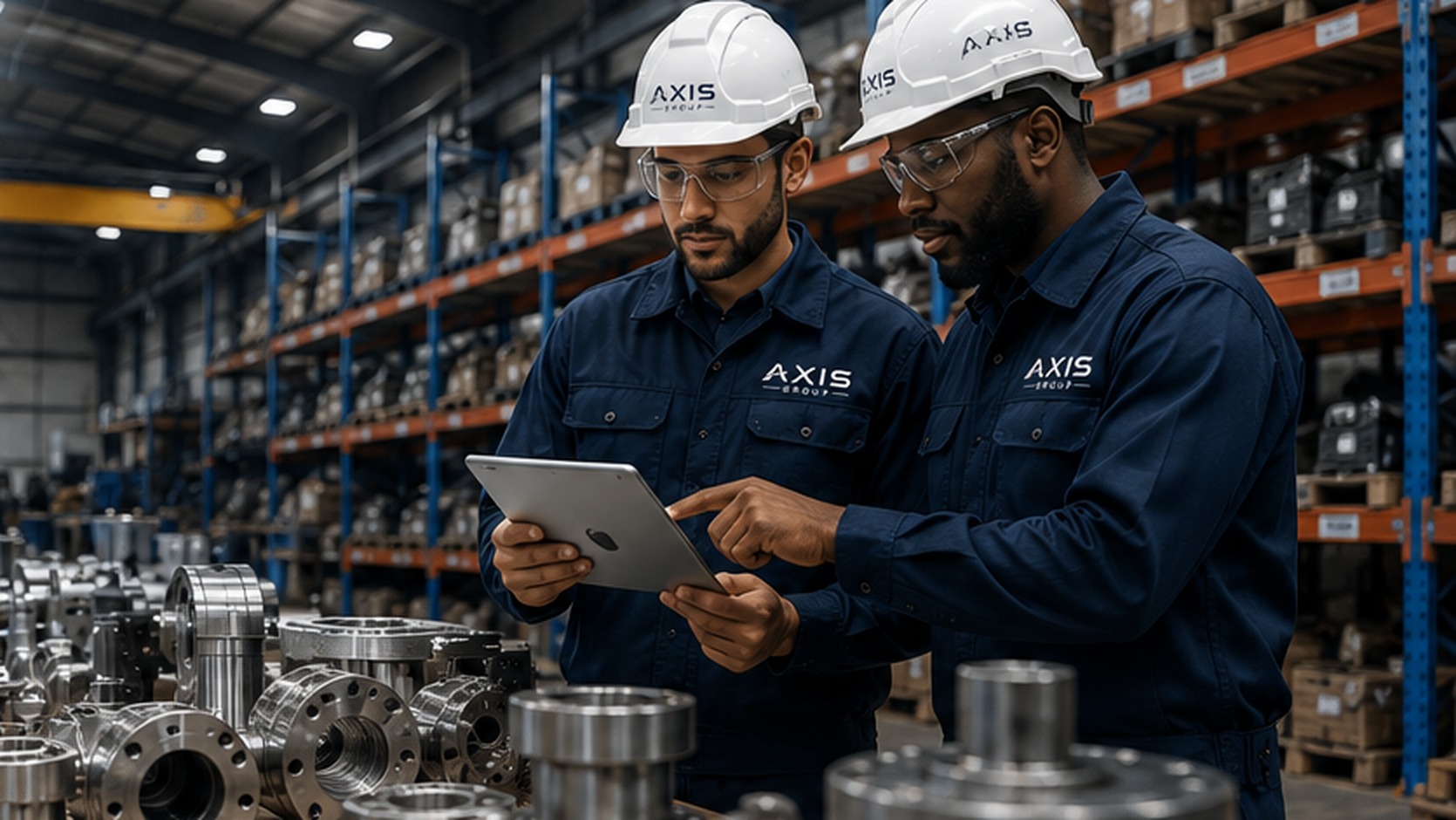 AXIS GROUP engineers in AXIS-branded uniforms reviewing industrial components on a tablet in a parts warehouse